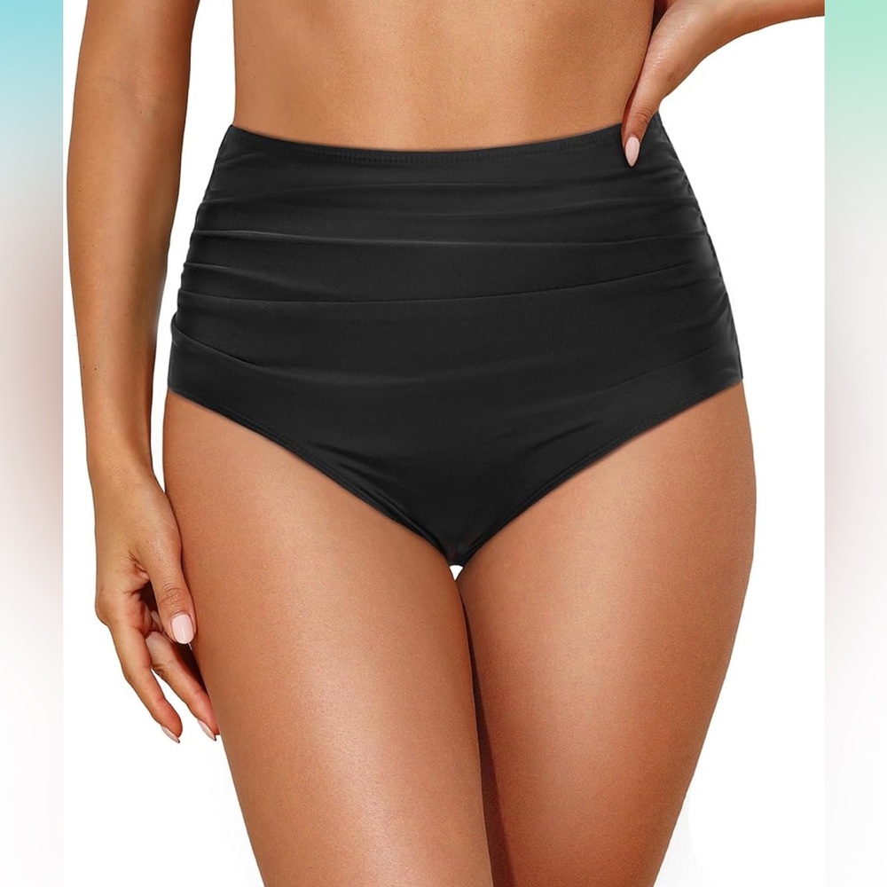 🚘High-Waisted Black Women's bikini bottoms retro ruched swim bottoms only